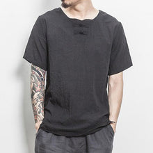 Cool Summer Tee Tshirts Men Loose Fit Cotton Short Sleeve Solid Color W Neck Button Chinese Back Print Casual Men's Clothing