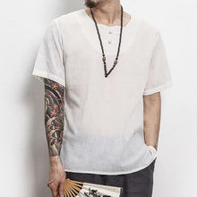 Cool Summer Tee Tshirts Men Loose Fit Cotton Short Sleeve Solid Color W Neck Button Chinese Back Print Casual Men's Clothing